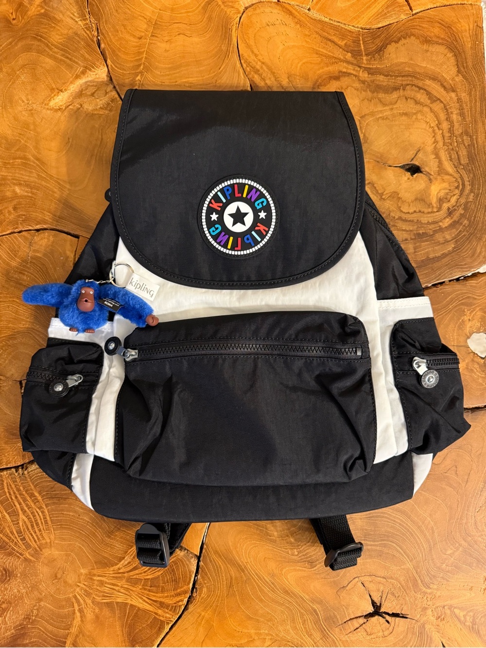 Kipling Black & White Backpack NWT Nylon Multicolor Logo Monkey